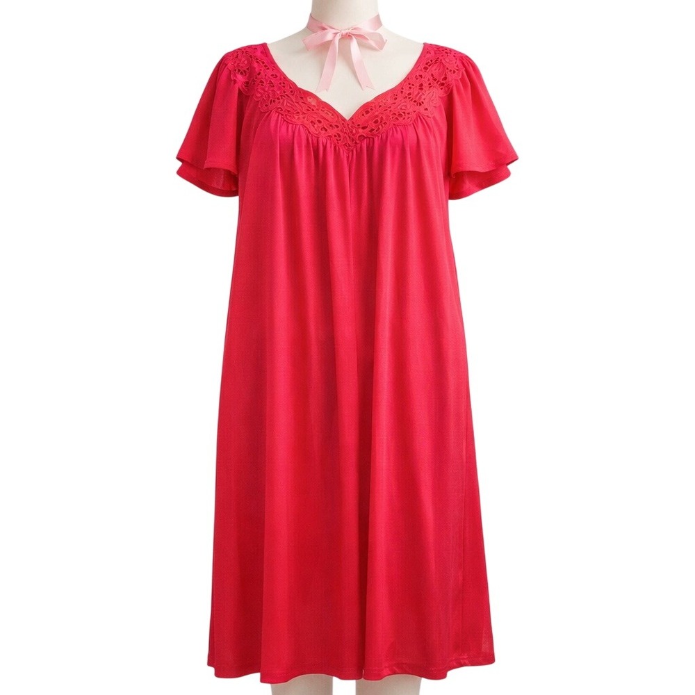 Vanity Fair Vintage Pink Nightgown Lace‎ Trim Short Sleeve Long Maxi Sleepwear